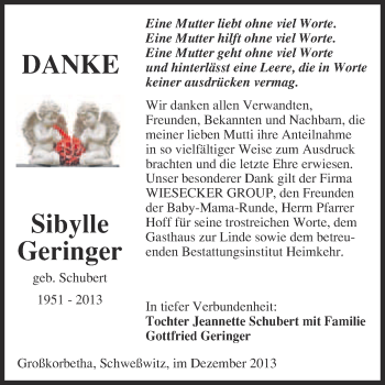 Traueranzeige von Sibylle Geringer von WVG - Wochenspiegel NMB / WSF / ZTZ