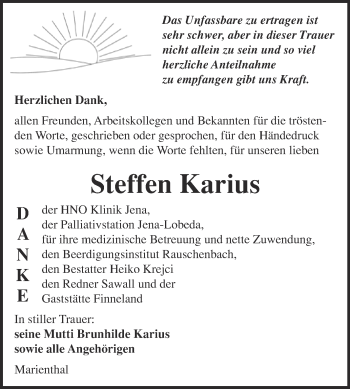 Traueranzeige von Steffen Karius von WVG - Wochenspiegel NMB / WSF / ZTZ