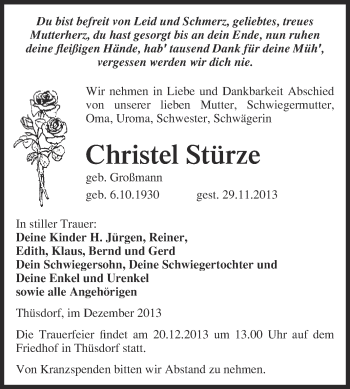 Traueranzeige von Christel Stürze von WVG - Wochenspiegel NMB / WSF / ZTZ