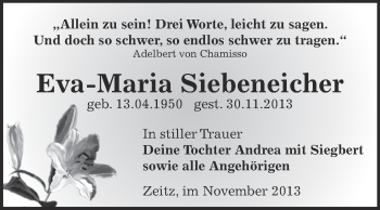 Traueranzeige von Eva-Maria Siebeneicher von Super Sonntag Zeitz