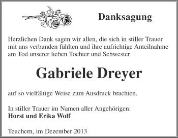 Traueranzeige von Gabriele Dreyer von WVG - Wochenspiegel NMB / WSF / ZTZ