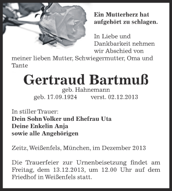 Traueranzeige von Gertraud Bartmuß von Super Sonntag Zeitz