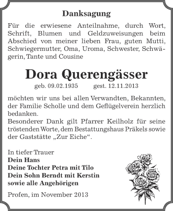 Traueranzeige von Dora Querengässer von Super Sonntag Zeitz