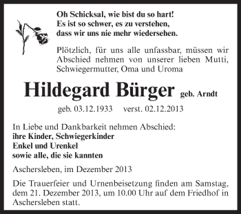Traueranzeige von Hildegard Bürger von Super Sonntag Aschersleben