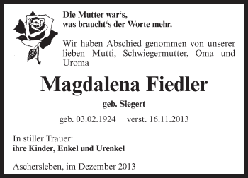 Traueranzeige von Magdalena Fiedler von Super Sonntag Aschersleben
