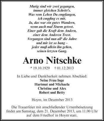 Traueranzeige von Arno Nitschke von Super Sonntag Aschersleben