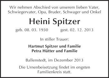 Traueranzeige von Heini Spitzer von WVG - Wochenspiegel Quedlinburg