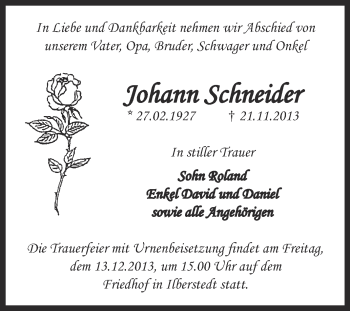 Traueranzeige von Johann Schneider von Super Sonntag Bernburg