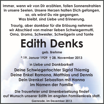 Traueranzeige von Edith Denks von WVG - Wochenspiegel Quedlinburg