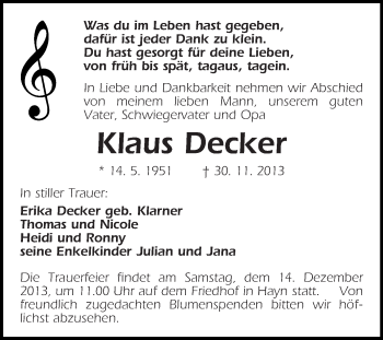 Traueranzeige von Klaus Decker von WVG - Wochenspiegel Quedlinburg