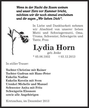 Traueranzeige von Lydia Horn von Super Sonntag Zeitz