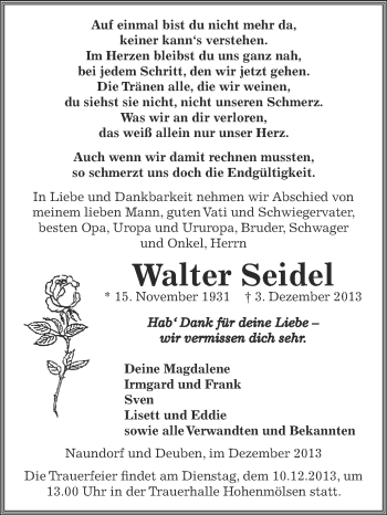 Traueranzeige von Walter Seidel von Super Sonntag Zeitz