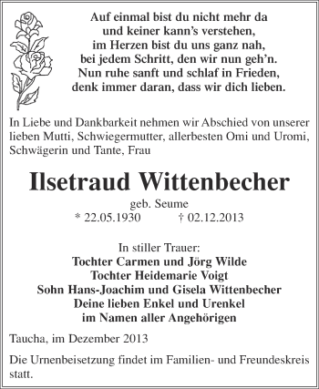 Traueranzeige von Ilsetraud Wittenbecher von WVG - Wochenspiegel NMB / WSF / ZTZ