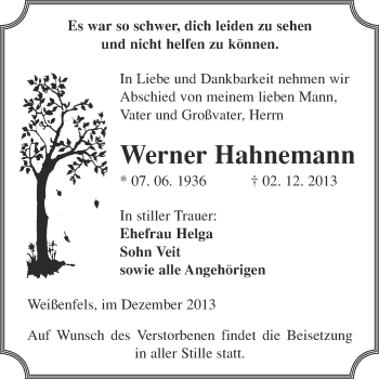 Traueranzeige von Werner Hahnemann von Super Sonntag Merseburg