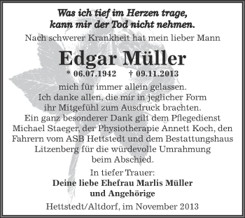 Traueranzeige von Edgar Müller von Wochenspiegel Mansfelder Land