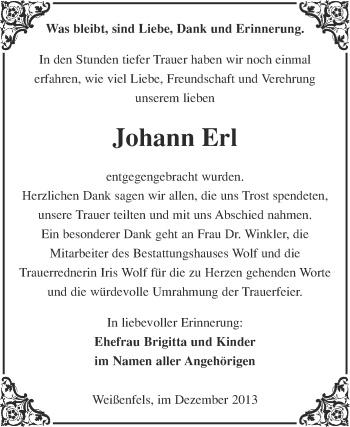 Traueranzeige von Johann Erl von WVG - Wochenspiegel NMB / WSF / ZTZ