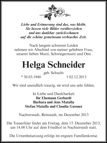 Traueranzeige von Helga Schneider von Super Sonntag Aschersleben