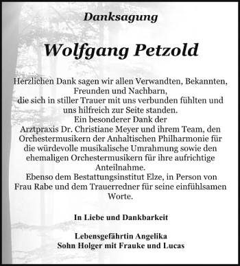 Traueranzeige von Wolfgang Petzold von Super Sonntag Dessau / Köthen