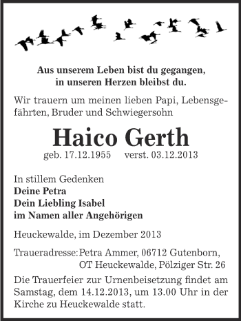 Traueranzeige von Haico Gerth von Super Sonntag Zeitz
