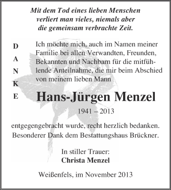 Traueranzeige von Hans-Jürgen Menzel von WVG - Wochenspiegel NMB / WSF / ZTZ