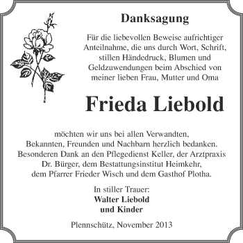 Traueranzeige von Frieda Liebold von WVG - Wochenspiegel NMB / WSF / ZTZ