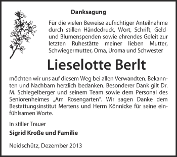 Traueranzeige von Lieselotte Berlt von WVG - Wochenspiegel NMB / WSF / ZTZ