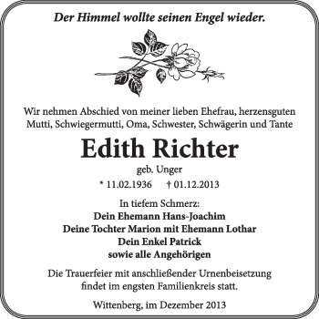Traueranzeige von Edith Richter von WVG - Wochenspiegel Wittenberg