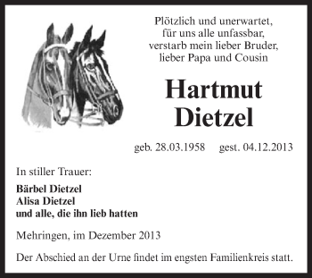 Traueranzeige von Hartmut Dietzel von WVG - Wochenspiegel Aschersleben