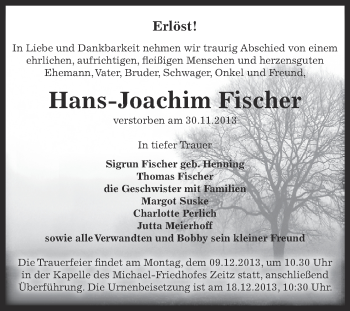 Traueranzeige von Hans-Joachim Fischer von Super Sonntag Zeitz