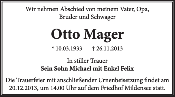 Traueranzeige von Otto Mager von Super Sonntag Dessau / Köthen