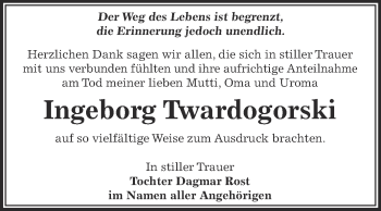 Traueranzeige von Ingeborg Twardogorski von Super Sonntag Zeitz