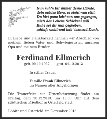 Traueranzeige von Ferdinand Ellmerich von Super Sonntag Zeitz