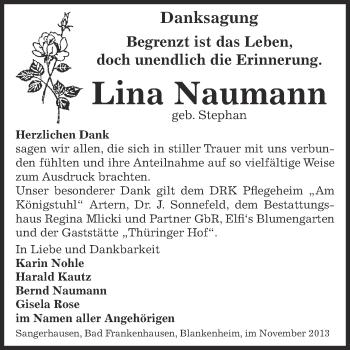 Traueranzeige von Lina Naumann von Super Sonntag SGH Mansf. Land
