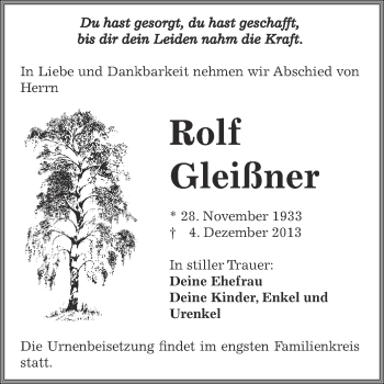 Traueranzeige von Rolf Gleißner von Super Sonntag Zeitz