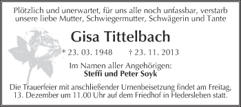 Traueranzeige von Gisa Tittelbach von Super Sonntag Quedlinburg