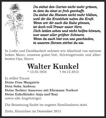 Traueranzeige von Walter Kunkel von Super Sonntag Zeitz