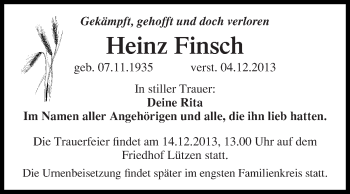 Traueranzeige von Heinz Finsch von WVG - Wochenspiegel NMB / WSF / ZTZ