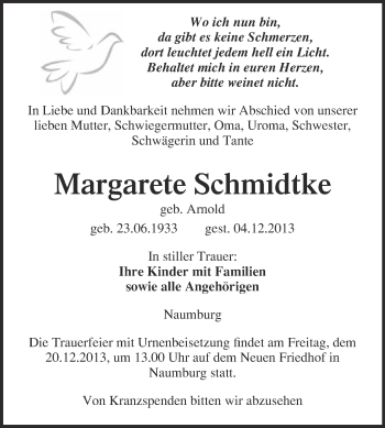 Traueranzeige von Margarete Schmidtke von WVG - Wochenspiegel NMB / WSF / ZTZ