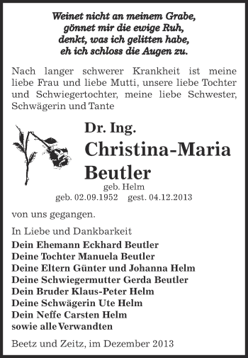Traueranzeige von Christina-Maria Beutler von Super Sonntag Zeitz