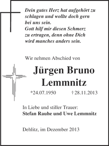 Traueranzeige von Jürgen Bruno Lemmnitz von WVG - Wochenspiegel NMB / WSF / ZTZ