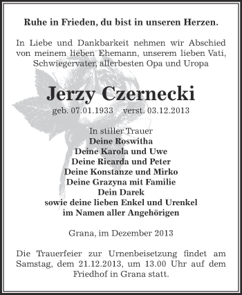 Traueranzeige von Jerzy Czernecki von Super Sonntag Zeitz