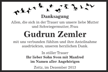 Traueranzeige von Gudrun Zemler von Super Sonntag Zeitz