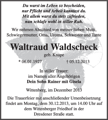 Traueranzeige von Waltraud Waldscheck von WVG - Wochenspiegel Wittenberg