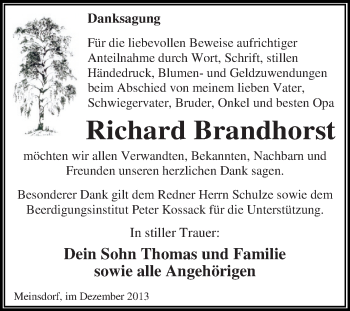 Traueranzeige von Richard Brandhorst von WVG - Wochenspiegel Dessau / Köthen