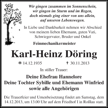 Traueranzeige von Karl-Heinz Döring von WVG - Wochenspiegel Dessau / Köthen