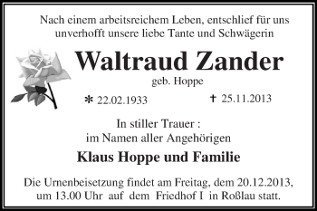 Traueranzeige von Waltraud Zander von WVG - Wochenspiegel Dessau / Köthen