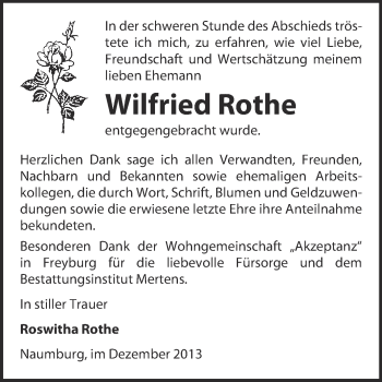 Traueranzeige von Wilfried Rothe von WVG - Wochenspiegel NMB / WSF / ZTZ