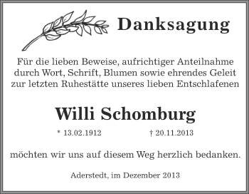 Traueranzeige von Willi Schomburg von Super Sonntag Bernburg