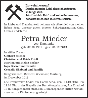 Traueranzeige von Petra Mieder von WVG - Wochenspiegel SGH