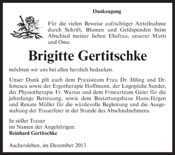 Traueranzeige von Brigitte Gertitschke von WVG - Wochenspiegel Aschersleben